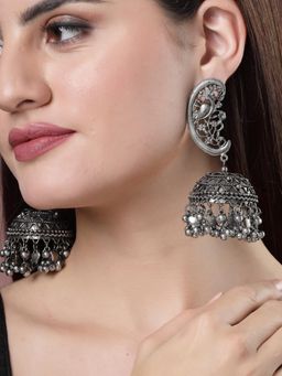 Gahan - Women Silver-Plated Oxidised Dome Shaped Jhumka Earrings