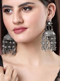 Gahan - Women Silver Plated Mirror Work Oxidised Contemporary Jhumka Earrings