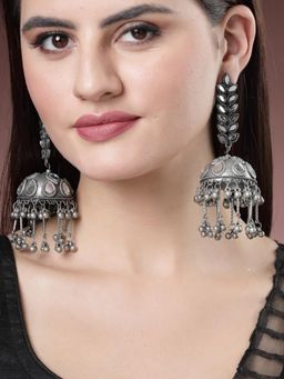 Gahan - Women Silver Plated Mirror Work Oxidised Contemporary Jhumka Earrings