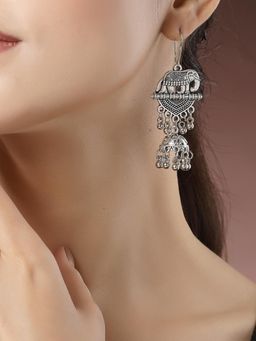 Gahan - Women Silver-Toned Elephant Design German Silver Oxidised Dome Shaped Jhumka Earrings