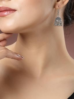 Gahan - Women Silver-Toned German Silver Oxidised Dome Shaped Jhumka Earrings