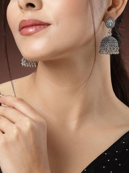 Gahan - Women Silver-Toned German Silver Oxidised Dome Shaped Jhumka Earrings