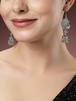 Gahan - Women Silver-Toned Peacock Desing German Silver Oxidised Dome Shaped Jhumka Earrings