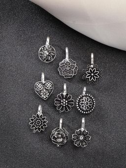 Gahan - Women Pack of 9 Silver-Plated German Silver Nose Pins (Adjustable)