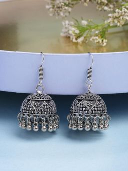 Gahan - Women German Silver Oxidized Floral Design Jhumka Earrings