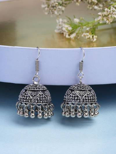 Women German Silver Oxidized Floral Design Jhumka Earrings