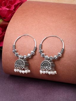 Gahan - Women Oxidized Silver Plated White Artificial Beads Jhumka Earrings