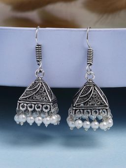 Gahan - Womens Oxidized Silver Plated White Artificial Beads Jhumka Earrings