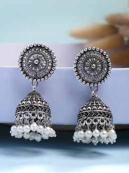 Gahan - Womens Oxidized Silver Plated White Artificial Beads Jhumka Earrings