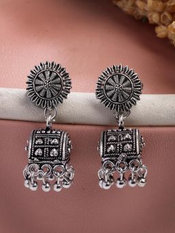 Gahan - Women Silver-Plated Oxidized Contemporary Jhumkas Earrings