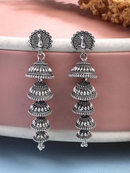 Gahan - Women Silver Plated Oxidized Peacock Design Layered Jhumka Earrings