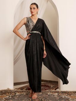 Miss Chase - Luxe Womens Black V Neck Asymmetric Embroidered Draped Satin Maxi Dress