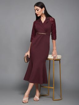 Miss Chase - Womens Wine Notched Collar Three Quarter Sleeve Bodycon Midi Dress