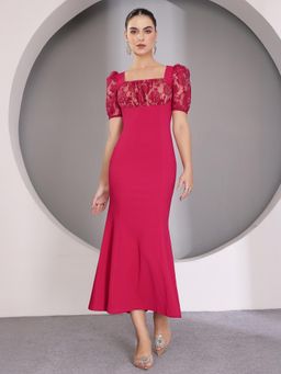 Miss Chase - Womens Dark Pink Square Puff Sleeve Lace Overlaid Ankle Length Dress