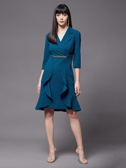 Miss Chase - Womens Teal Solid Notched Collar Polyester Knee Long Dress