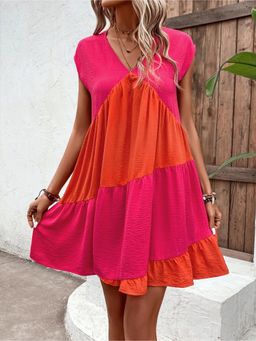 Outzidr - Pink V Neck Tiered Mini Dress