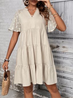 Outzidr - Beige Cotton Tiered Mini Vacay Dress