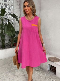 Outzidr - Magenta Cotton A Line Vacay Dress With Pocket