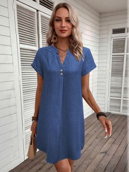 Outzidr - Blue Front Pleat Shift Street Style Dress