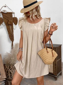 Outzidr - Beige Cotton A Line Vacay Dress With Pleats