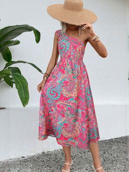 Outzidr - Pink Paisely Print One Shoulder Flared Midi Vacay Dress