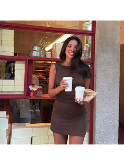 Outzidr - Brown Back Cut Out Bodycon Mini Street Style Dress