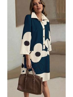 Outzidr - Navy Blue Abstract Print A Line Vacay Dress