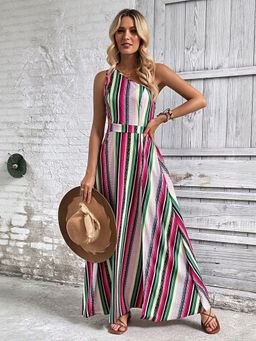 Outzidr - Multi-Color One Shoulder Maxi Vacay Dress With Slit