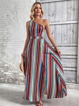 Outzidr - Multi-Color One Shoulder Maxi Vacay Dress