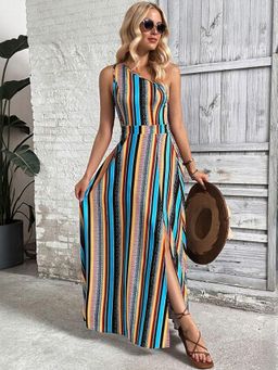 Outzidr - One Shoulder Multi-Color Maxi Vacay Dress With Slit
