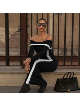 Outzidr - Off Shoulder Contrasting Taping Fitted Party Dress
