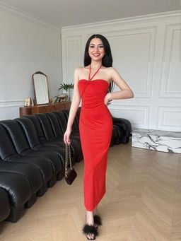 Outzidr - Red Halterneck Maxi Bodycon Party Dress