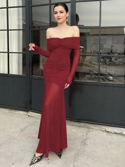Outzidr - Maroon Off Shoulder Maxi Bodycon Party Dress
