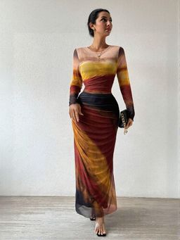 Outzidr - Orange Digital Print Mesh Maxi Party Dress