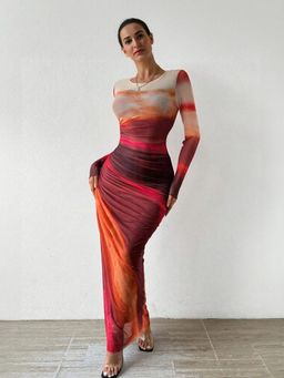 Outzidr - Pink Digital Print Mesh Maxi Party Dress