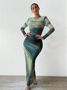 Outzidr - Teal Digital Print Mesh Maxi Party Dress