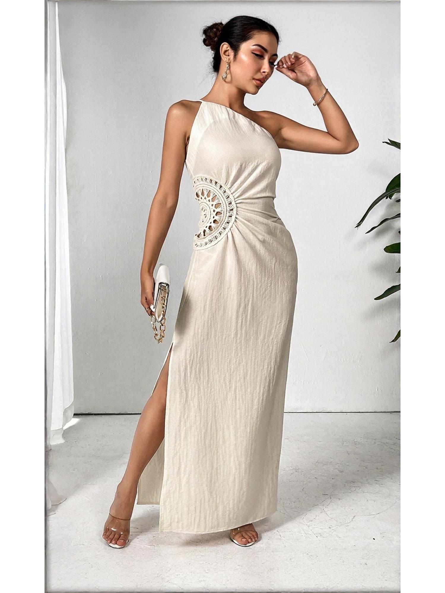 outzidr White Maxi Party Dress With Side Lace Detail-picture-43