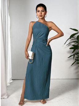 Outzidr - Blue Maxi Party Dress With Side Lace Detail