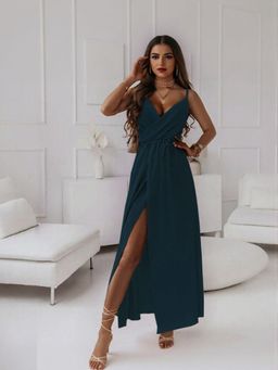 Outzidr - Navy Blue High Slit Wrap Maxi Vacay Dress