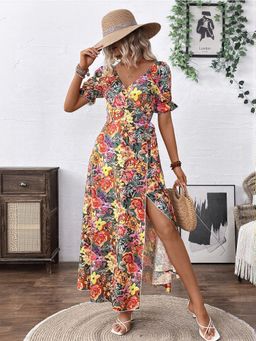 Outzidr - Multi-Color High Slit Maxi Vacay Dress