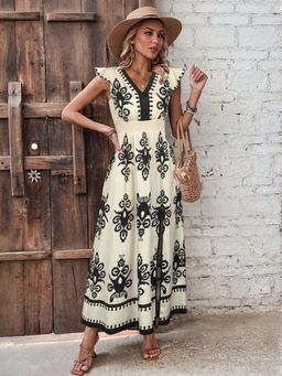 Outzidr - Off White Printed Maxi Vacay Dress With Slit
