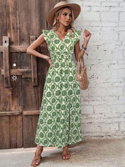 Outzidr - Green Printed Maxi Vacay Dress With Slit