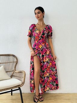 Outzidr - Pink Side Slit Puff Sleeve Maxi Vacay Dress