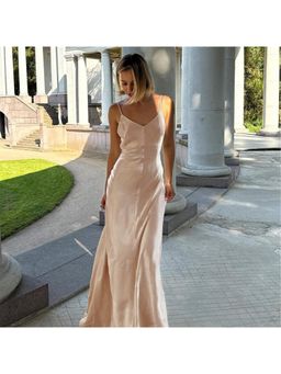 Outzidr - Cream Noodle Strap Maxi Party Dress