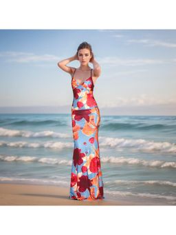 Outzidr - Multi-Color Floral Printed Maxi Bodycon Vacay Dress