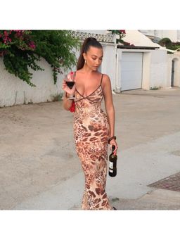 Outzidr - Brown Animal Printed Maxi Dress