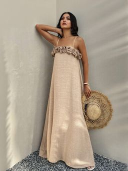 Outzidr - Beige Slip Flared Vacay Dress