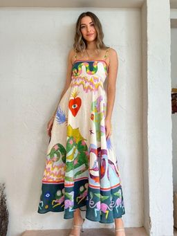 Outzidr - Off White Tropical Print Flared Maxi Vacay Dress