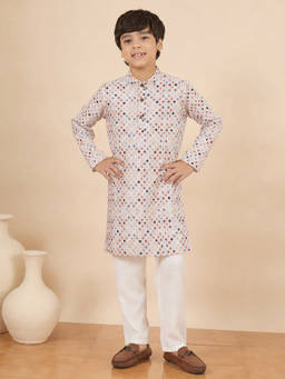 StyloBug - Boys Printed Stand Collar A-Line Ethnic Wear Kurta with Pyjama - Multi