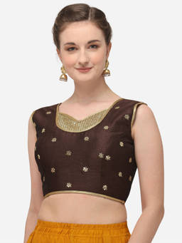 Amrutam Fab - Womens Phantom Silk Work Brown Stiched Blouse With V Neck